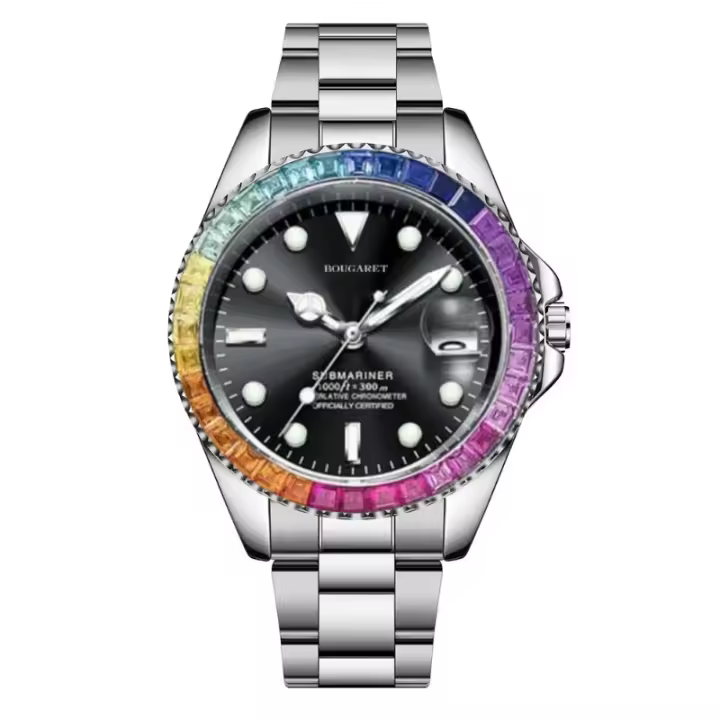 Reloj Automático de Cuarzo Italiano Resistente al Agua 30M, Esfera Multicolor Luminosa, Calendario Perpetuo, Correa de Acero Inoxidable con Cierre de Mariposa, Cristal Mineral Antiarrañazos, Diseño Moderno para Deporte y Oficina - 1