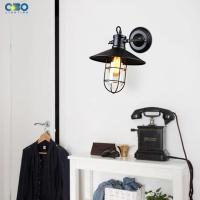 Lámpara de pared Vintage con jaula de hierro, pantalla de cristal, sujetador negro, sala de estar, cafetería,LEDE27 - details 5