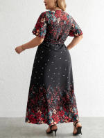 Vestido Largo De Verano Para Mujer plus Size Estilo Casual Con Estampado Floral Negro Y Manga Corta Vuelta En El Cuello A-Line - details 3