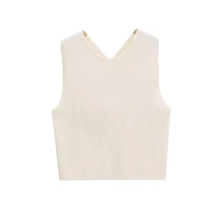 PB&ZA2025 espalda abierta con abertura, top corto ajustado sin mangas de punto con cuello redondo, ropa de verano nueva para mujer. - 1