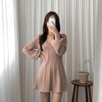 Falda corta de punto para mujer, ropa elegante de manga larga con cuello puntiagudo, usada, negra, invierno - details 19