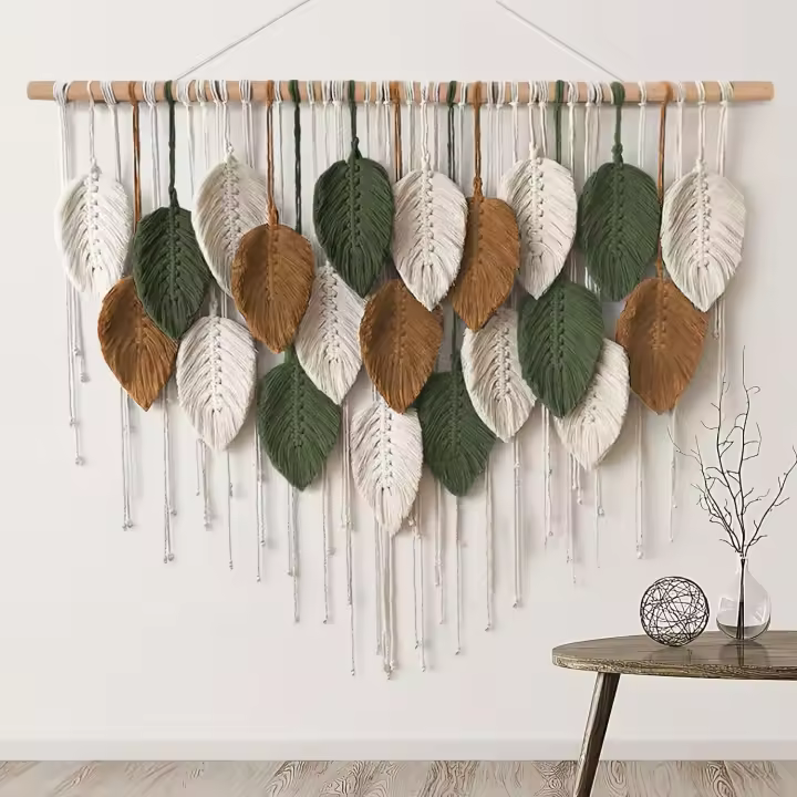 Tapiz único tejido a mano para colgar en la pared con hojas, decoración artística de la pared de la cabecera del dormitorio - 1