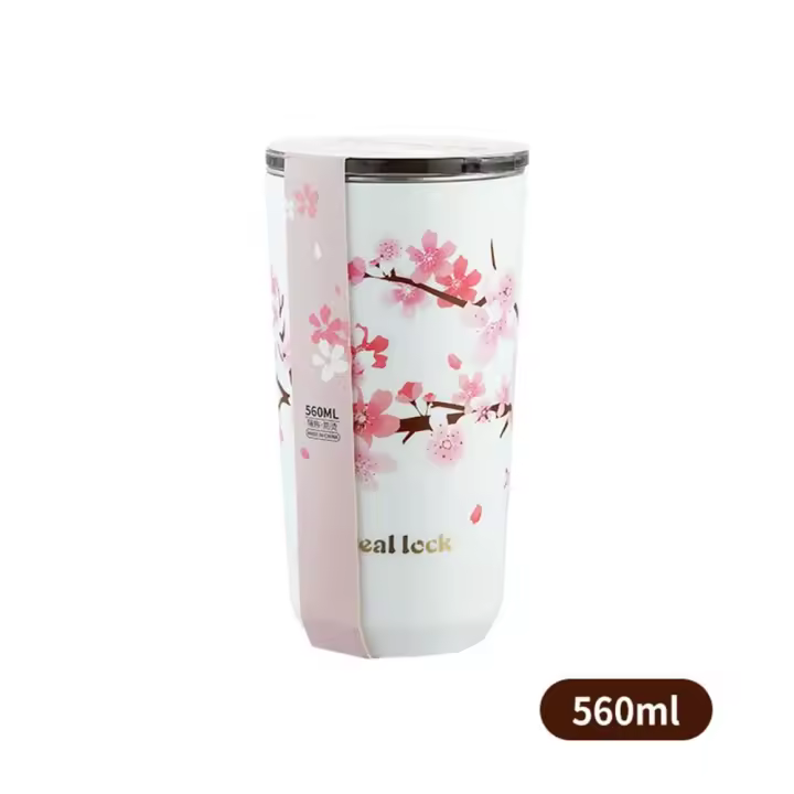 Termo portátil de doble capa con aislamiento de flor de cerezo, frasco de vacío de acero inoxidable, botella de agua, taza de café, vaso creativo - 1