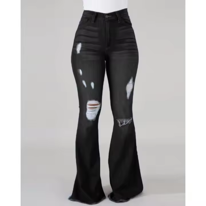 Pantalones vaqueros rasgados de alta elasticidad, pantalones acampanados de cintura alta - 1