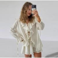 Blusa de encaje agárico blanco dulce para mujer, traje corto a la moda, manga larga, cuello en V, suelto, 2 piezas, ropa de viaje elegante para primavera 2025 - details 7