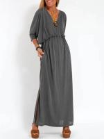 Vestido de verano nuevo de moda de color sólido con cintura alta y cuello en V dividido. - details 9