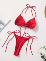 Conjunto De Bikini De Dos Piezas De Moda De Color Sólido, Con Cuello Halter, Triángulo Sin Espalda Y Lazos Laterales - details 23