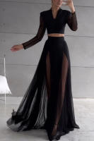 Conjunto de dos piezas de vestido de manga larga con empalme de gasa elástica, estilo europeo y americano, nueva colección primavera-verano 2025, falda de vacaciones INS. - details 2