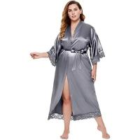 Vestido tipo kimono largo Sexy para mujer, bata de baño de encaje, lencería, camisón de seda helada, camisón de Color sólido, ropa de dormir de talla grande #     0701 - details 7