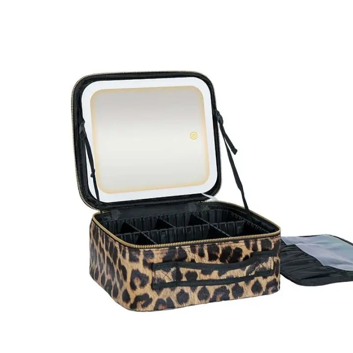 Bolsa con espejo y luces Estuche de maquillaje LED regulable en 3 colores, organizador de cosméticos Accesorios Estuche de tren de maquillaje LEOPARD - 1