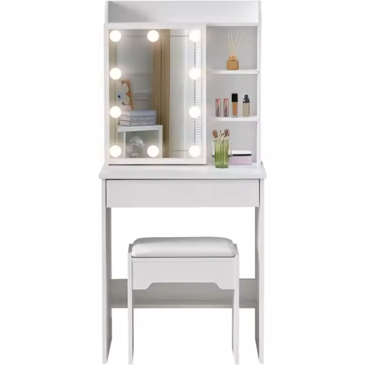 taburete, mesa de maquillaje con 7 estantes y 1 cajón grande para organizador de dormitorio - 1
