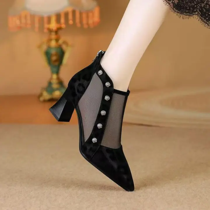 Nueva primavera súper caliente para mujer, punta alta, tacones gruesos, sandalias geniales, malla, botas de malla de verano, zapatos - 1