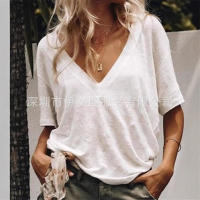 Bay Camiseta informal de manga corta con cuello en V profundo para mujer, nuevo estilo europeo y americano, top en seis colores en stock - details 3