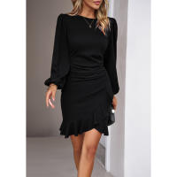 Mini vestido ajustado de manga larga para mujer Manga plisada Dobladillo con volantes Vestido de oficina - details 4