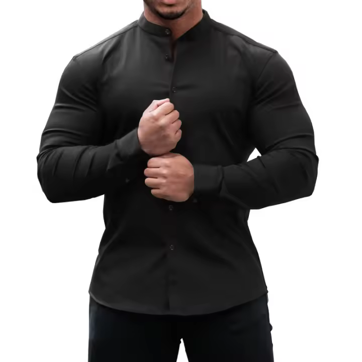 Camisa casual deportiva de manga larga para hombre, color sólido, delgada, ligeramente elástica, con botones - 1