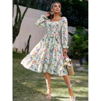 Vestido con cuello cuadrado para mujer, vestidos florales de manga larga, elegante y bonito, - details 14