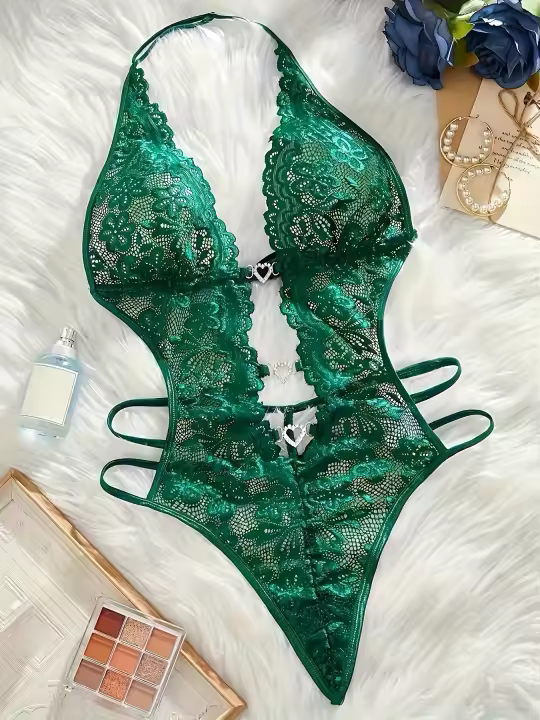 Body de Encaje Verde Esmeralda con Detalles Recortados y Bordes Festoneados – Body Sensual para Mujer, Mezcla Suave de Poliéster, Lavado a Mano, Ropa Romántica |   Diseño Elegante en Encaje con Bordados Festoneados - 1