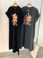 Camiseta de manga corta Retro americana para mujer, falda, vestido largo informal holgado de talla grande con abertura, novedad de verano 2025 - details 10