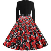 Women plaid print long sleeve vintage a line party dress v neck - details 173