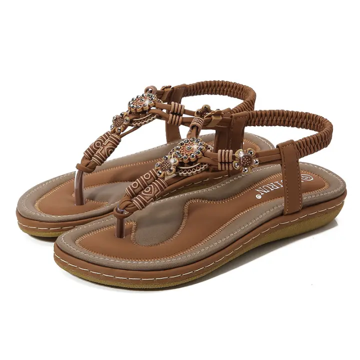 Sandalias de Tacón para Mujer Verano 2025 Boho Chic Planchas Tejidas con Cuentas de Madera, Tallas Grandes, Moda Playa y Casual, Cuero Natural - 1