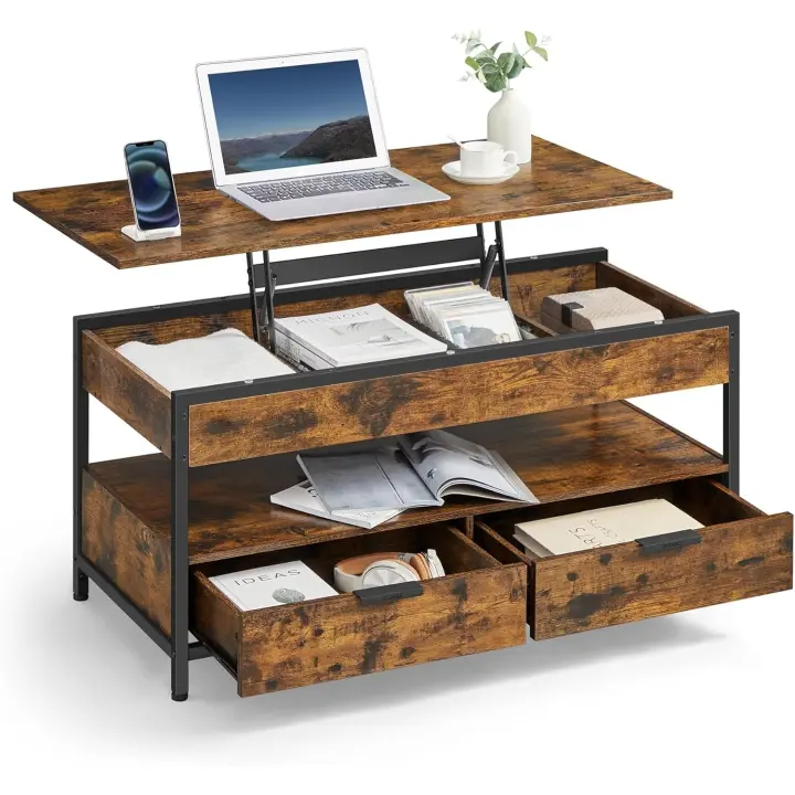 Mesa de Centro Elevable, Mesa de Salón, con Cajones de Almacenamiento, Compartimentos Ocultos y Estante Abierto, 50 x 100 cm, Marrón Rústico y Negro Tinta LCT209K01 - 1