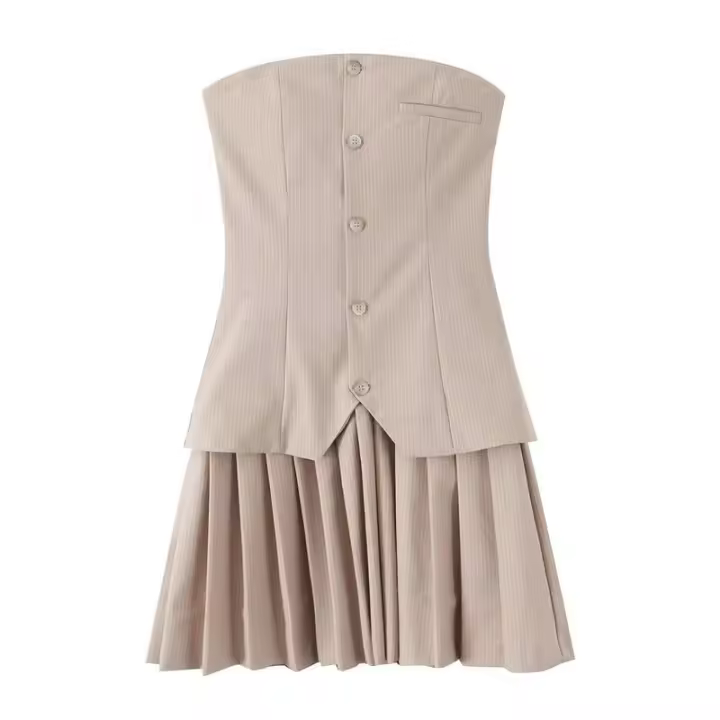Vestido corto sin tirantes con dobladillo plisado para mujer, minivestido elegante con botones delanteros y bolsillo falso, vestidos de calle - 1