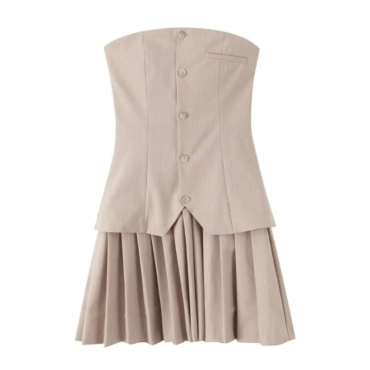 Vestido corto sin tirantes con dobladillo plisado para mujer, minivestido elegante con botones delanteros y bolsillo falso, vestidos de calle - 1