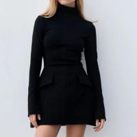 Elegante Vestido de Cintura Ancha con Mangas Largas Color Sólido Ajuste Delgado Abrazo de Cadera - details 4