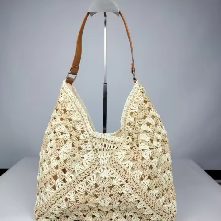 Bolso de ganchillo de paja de verano a la moda, bolso de hombro tejido para ocio en la playa, bolsos de mujer informales para vacaciones, señoras/niñas - 1