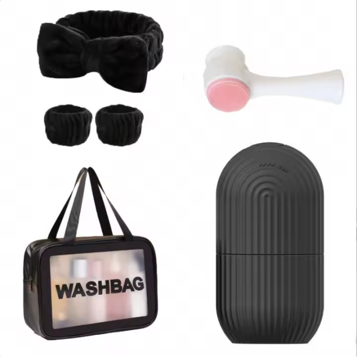 Set de regalo de cuidado de la piel de 6 piezas: rodillo de hielo, diadema de coral, bolsa de maquillaje y cepillo de limpieza facial - herramientas de belleza sin fragancia, lazo para el cabello, set de regalo - 1