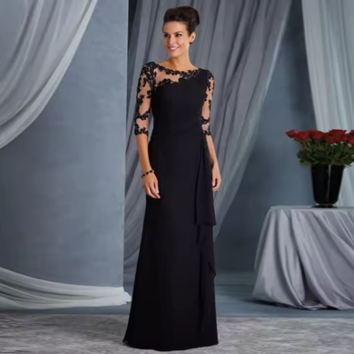 2025 Vestido de Manga Media Cuello Redondo Mujer、Vestido largo de encaje transparente con cuello redondo y manga media para mujer europea y americana - 1