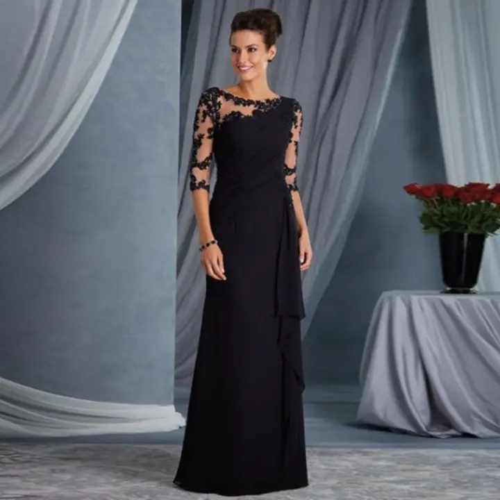 2025 Vestido de Manga Media Cuello Redondo Mujer、Vestido largo de encaje transparente con cuello redondo y manga media para mujer europea y americana - 1
