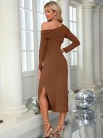Maxivestido de punto con hombros descubiertos para mujer, vestido elegante de lujo con abertura, Color sólido, Bodycon, manga larga - details 12