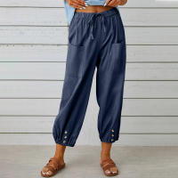 Pantalón holgado de lino y algodón con botones para mujer, pantalón ancho con nueve puntos, cintura alta, novedad - details 3