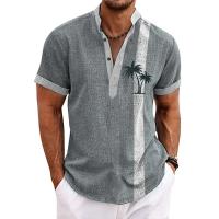 Nuevas camisas Henley con estampado 3D de rayas de cocotero, camiseta de manga corta con cuello levantado y botones de gran tamaño para hombre, camisetas, ropa para hombre - details 0