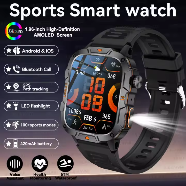 Reloj inteligente para exteriores 2025, linterna LED resistente al agua IP68, pantalla HD de 1,96 pulgadas, llamado Bluetooth, reloj deportivo para hombre - 1