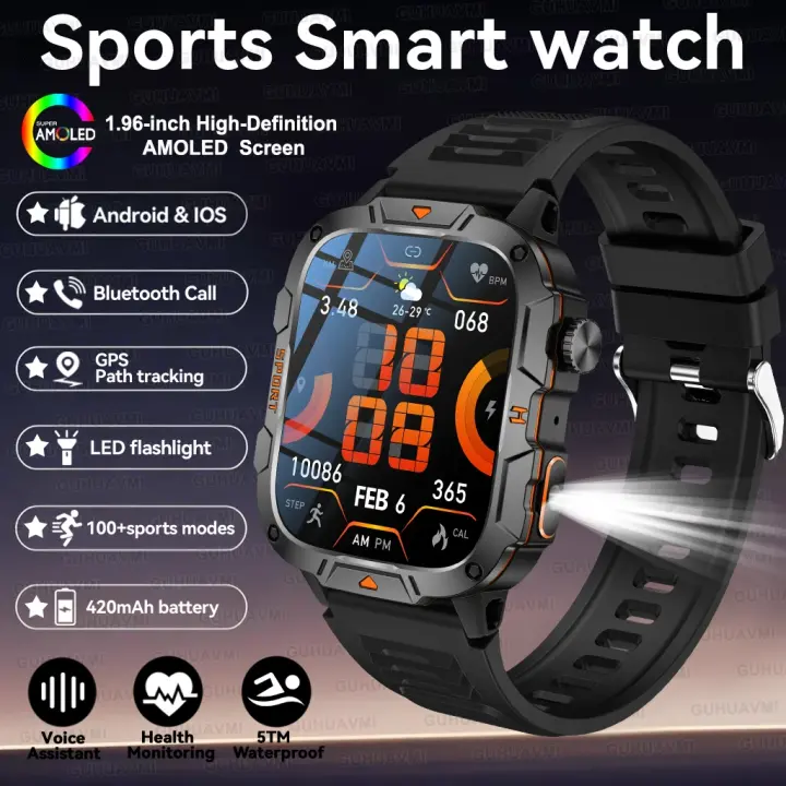 Nuevo reloj inteligente militar resistente al agua Rastreador GPS 100+ Modo deportivo Linterna LED Pantalla AMOLED de 1,96 pulgadas Llamada BT Frecuencia cardíaca Oxígeno en sangre Presión arterial Pulsera de monitoreo de salud para hombres 2025 - 1