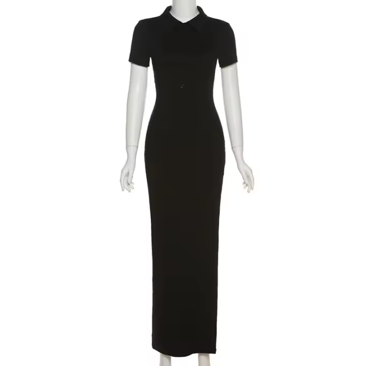 BUNO-Vestido largo de oficina para mujer, de manga corta con cuello vuelto traje elegante, abertura lateral y botón, moldeador de cuerpo, moda de calle - 1