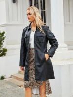 Gabardina cortavientos de piel sintética para mujer, chaquetas con cinturón, abrigo largo medio - details 3