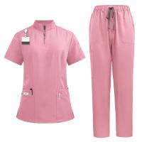 Nueva enfermera mujer pantalón corto Casual ropa de manga Top farmacia trabajo médico Hospital médico uniforme para enfermería cuello alto cremallera - details 5
