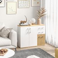 Moderno Estante de Almacenamiento para Sala de Estar Cocina con 2 Cajones, 2 Armarios y Estantes Ajustables para Dormitorio, Comedor 90x30x75,5 cm Blanco y Natural - details 6