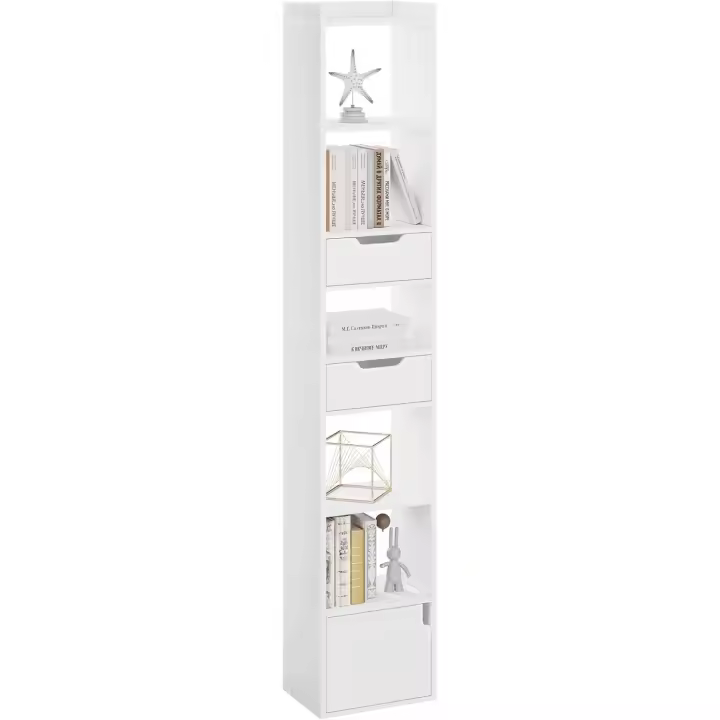 Libreria Alta Estantería de 6 Compartimentos con 2 Cajones y Armario con Puerta Blanco - 1