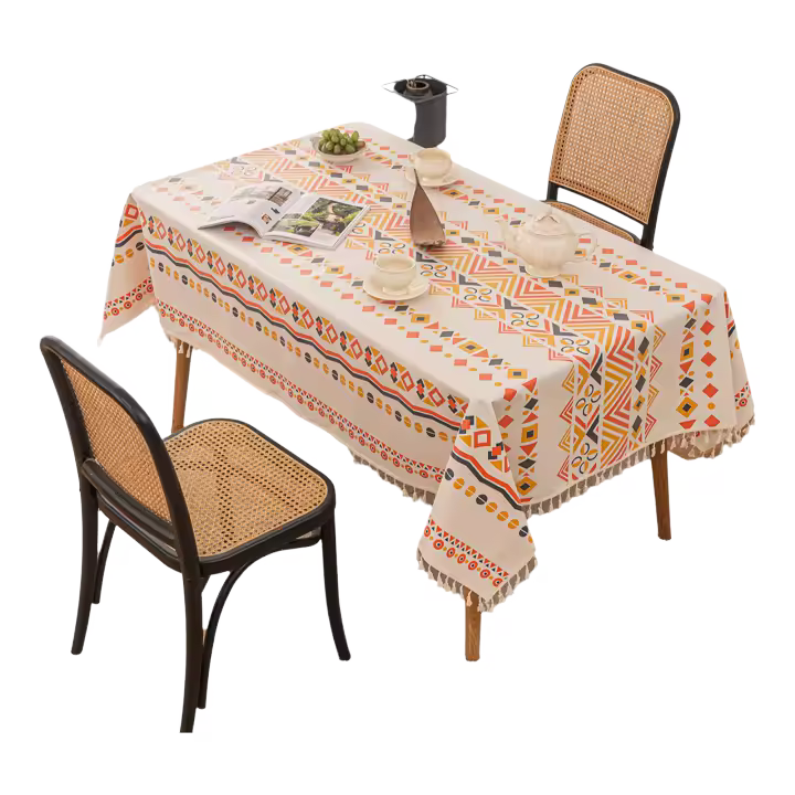 Mantel bohemio vintage con borlas, impermeable, antimanchas, de algodón y lino para protección de mesa de patio al aire libre sin arrugas. - 1