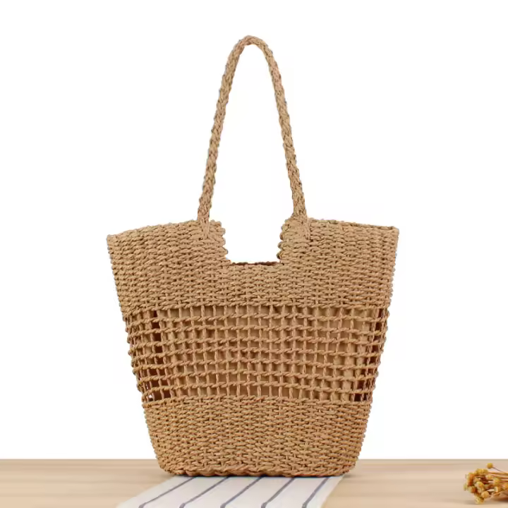 Hierba para mujer, bolso tejido ahuecado de nicho francés, un solo hombro, de mano, gran capacidad, para playa - 1