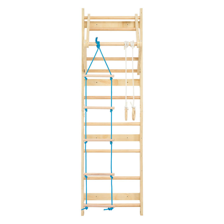 Escalera Sueca SucceBuy para Gimnasio en Pared, Equipo de Ejercicio y Juego Interior 4 en 1, Barras de Gimnasia de Madera Ajustables de 8 Niveles, Capacidad de 220 lbs, Set de Escalada Interior con Anillos, Barra de Dominadas, Escalera de Cuerda y Escaler