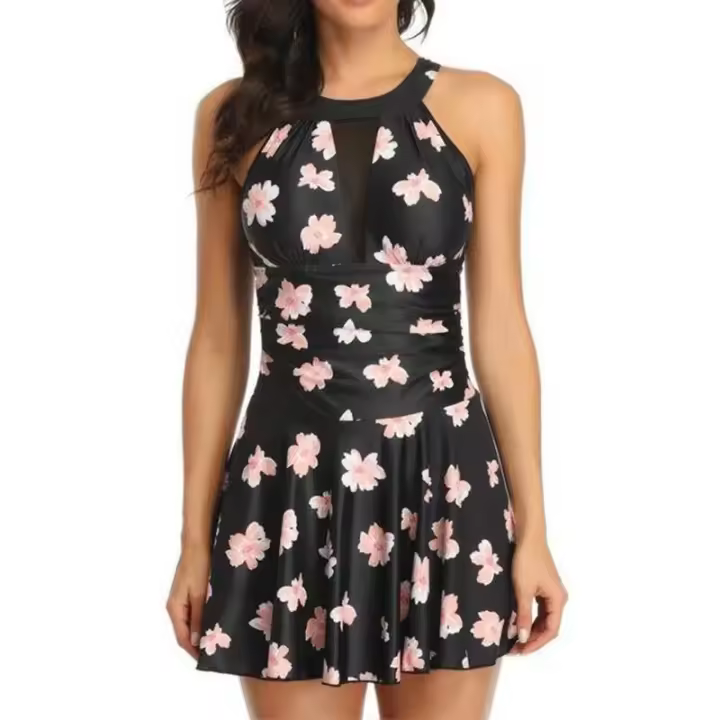 Traje de baño de una pieza para mujer con control de barriga y cuello en V, traje de baño de malla fruncida, traje de baño monokini de cintura alta - 1