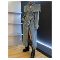 Abrigo de mezclilla largo para mujeres, trench de otoño e invierno, de manga larga, con cuello tipo chal, doble botonadura, con - details 2