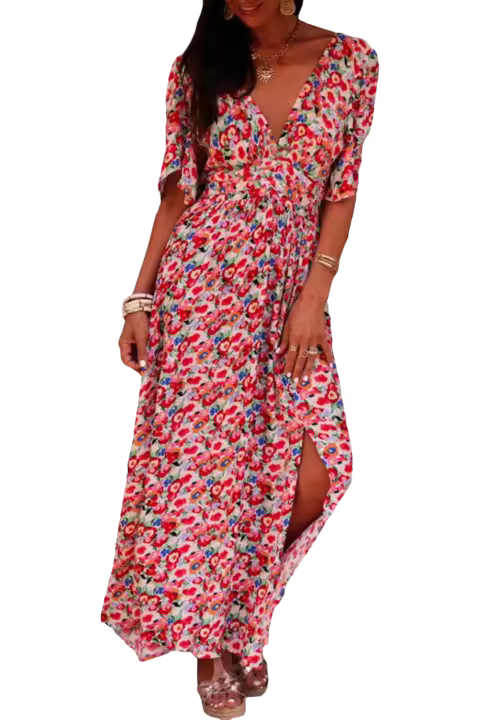 Elrachen Vestido largo floral para mujer con cuello en V profundo, espalda recortada y abertura, rojo, tallas S-XL - 1