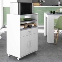 Mueble Auxiliar de Cocina con Ruedas, Mueble Microondas, Armario con 1 Cajón y 2 Puertas, Acabado en Blanco Artik y Cemento, Medidas: 59 cm (Ancho) x 92 cm (Alto) x 40 cm (Fondo) - details 1