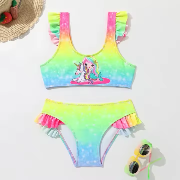 Traje de baño deportivo para niñas bebés de dibujos animados 2025 con estampado lindo de arcoíris dividido para niños. - 1